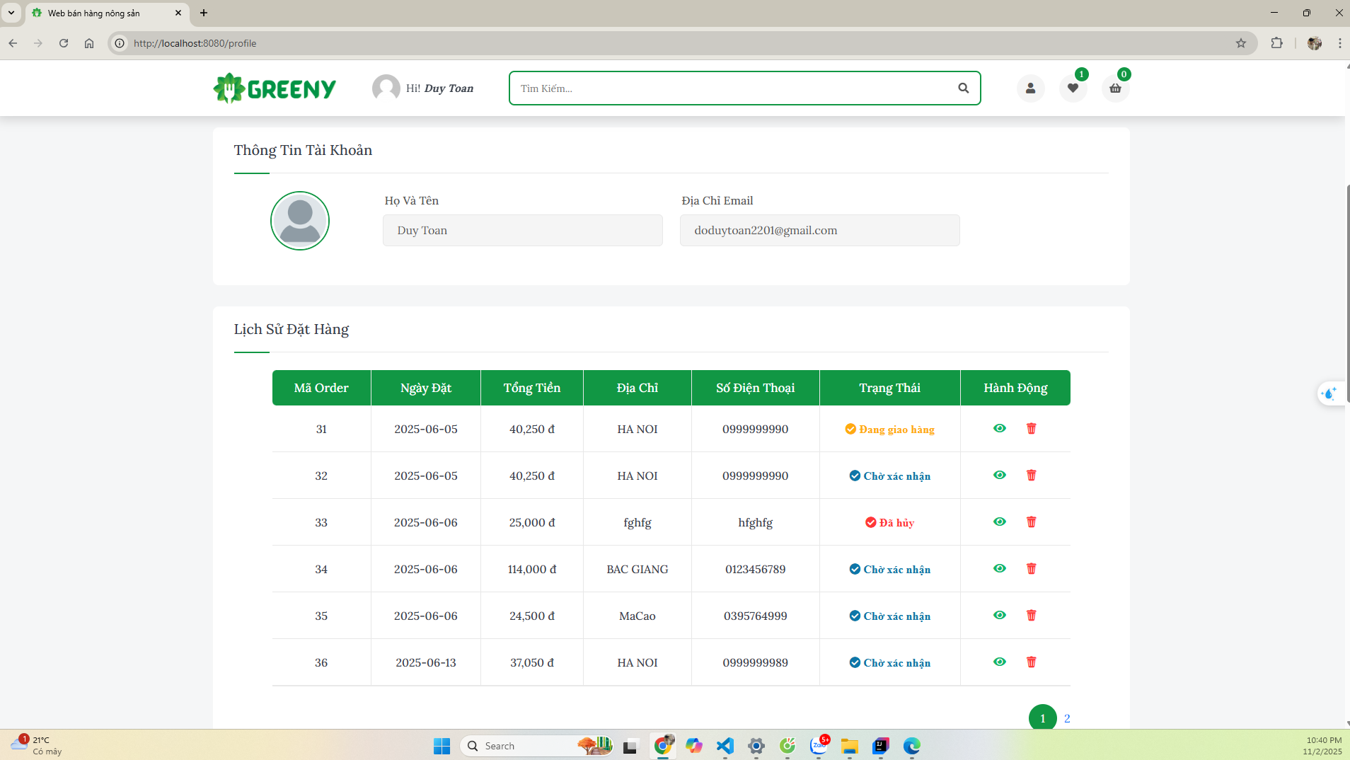 Chức năng thanh toán